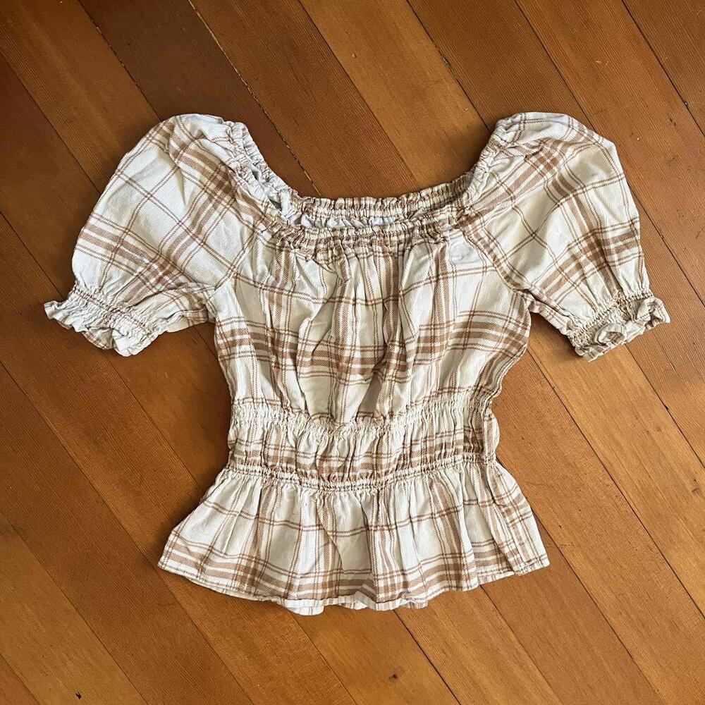 Wonder Nation Kid's Cream and Tan Checkered Peplum Western Boho Top, Size M 7-8